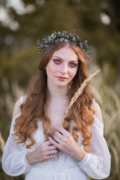 Greenery eucalyptus hair wreath, Bridal parvifolia wedding crown, Boho wedding halo, Preserved flower crown, Leaf crown, Magaela headpiece