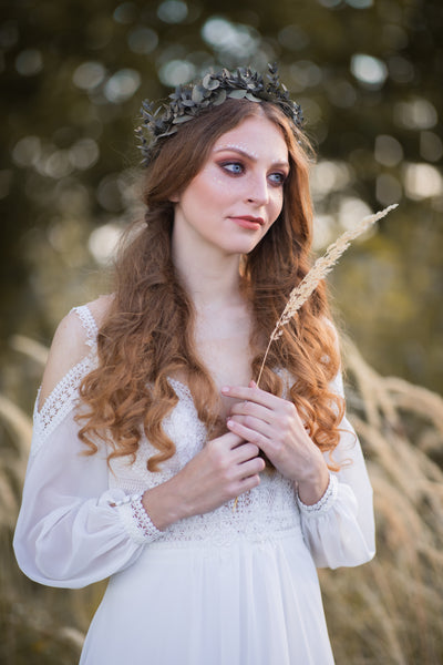 Greenery eucalyptus hair wreath, Bridal parvifolia wedding crown, Boho wedding halo, Preserved flower crown, Leaf crown, Magaela headpiece