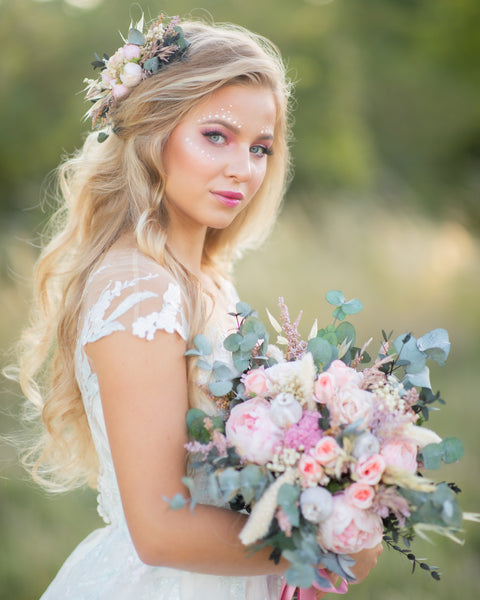 Romantic bridal bouquet Eucalyptus bouquet Bridesmaid bouquets Pastel Peach and blush bouquet Rose Peony bouquet Wedding boho bouquet