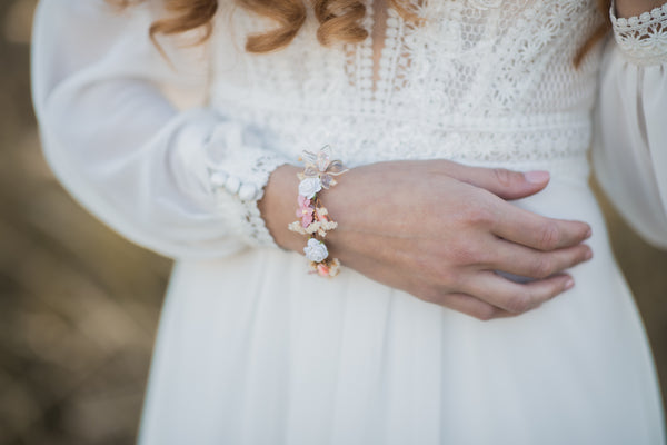 Romantic wrist corsage, Pink wedding jewellery, Flower wedding ring, Bridesmaid bracelets, Magaela, Bridal flower bracelet, Flower ring