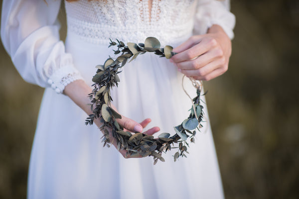 Greenery eucalyptus hair wreath, Bridal parvifolia wedding crown, Boho wedding halo, Preserved flower crown, Leaf crown, Magaela headpiece