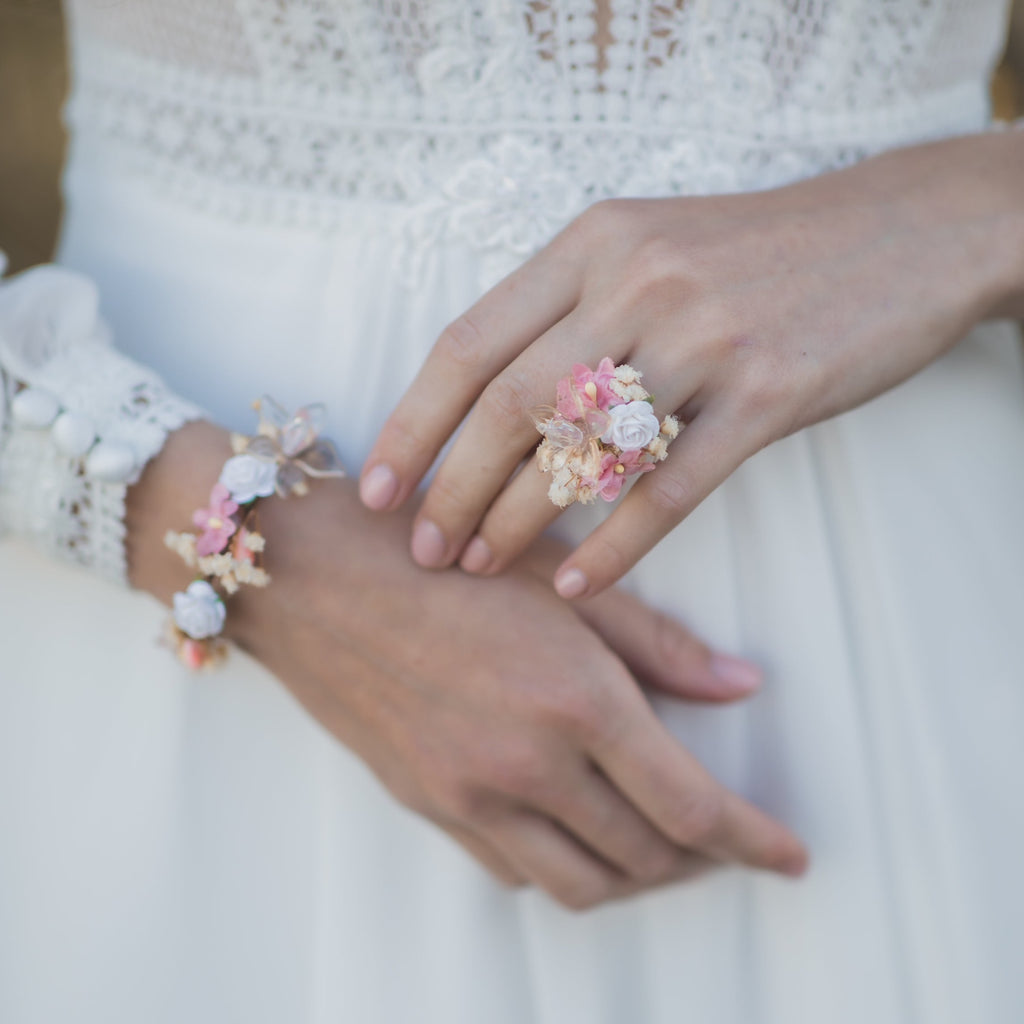 Romantic wrist corsage Pink wedding jewellery Flower wedding ring Bridesmaid bracelets Magaela Bridal flower bracelet Flower ring