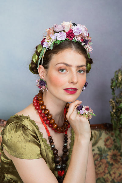 Purple flower earrings and ring