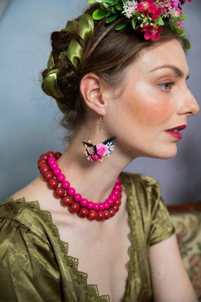 Pink circle flower earrings