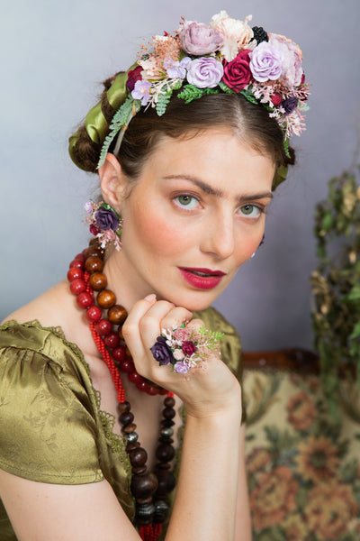 Purple flower earrings and ring