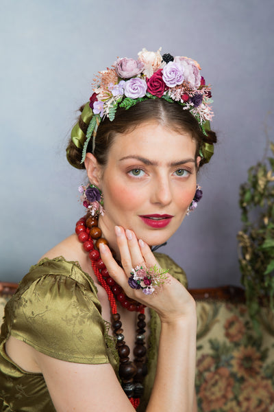 Purple flower earrings and ring