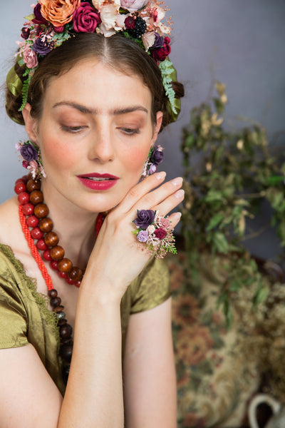 Purple flower earrings and ring