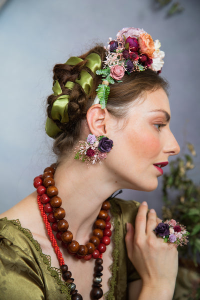 Purple flower earrings and ring