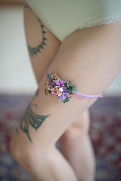 Romantic purple flower bridal garter