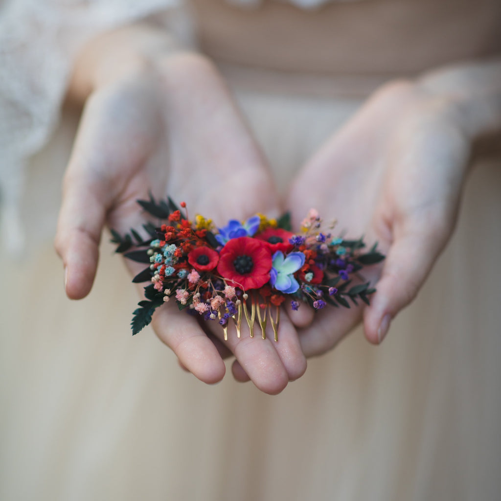 Small folk wedding flower comb Bride to be Poppy flowers bridal comb Slavic wedding Wedding accessories Hair flowers Magaela Colourful comb