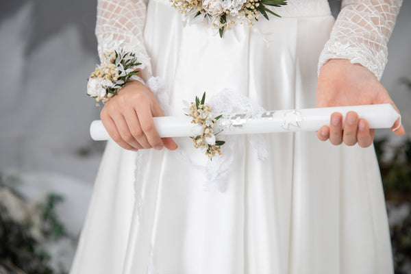 First holy communion set - crown, bracelet, belt, candle decoration