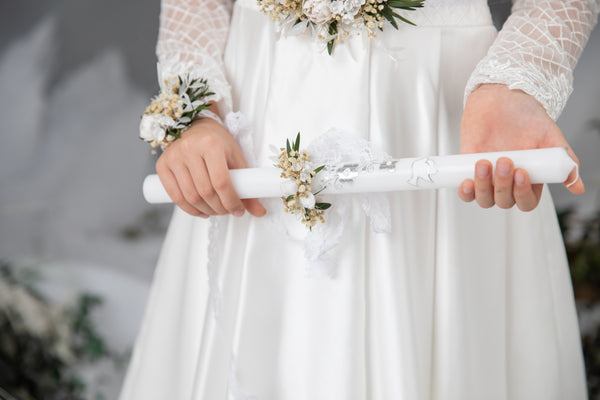 First holy communion set - crown, bracelet, belt, candle decoration