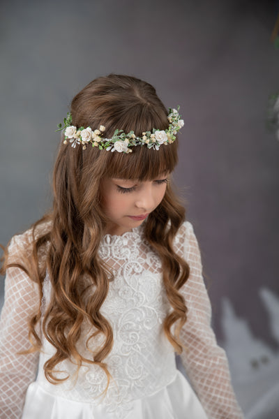 White communion hair wreath with roses
