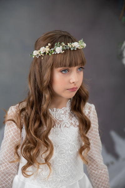 White communion hair wreath with roses