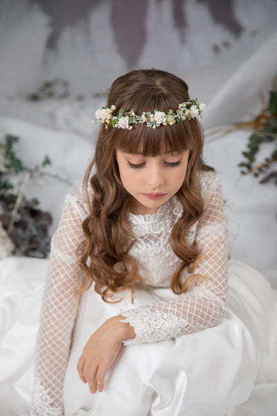 White communion hair wreath with roses