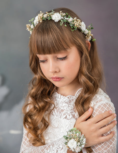 Holy communion flower set: hair crown, bracelet, candle decoration
