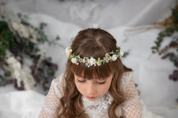 White communion hair wreath with roses