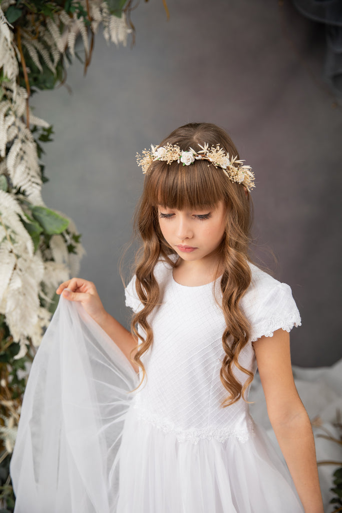 White Flower Pearl Crown Veil First Communion Flower Girl Accessories –  Sparkly Gowns