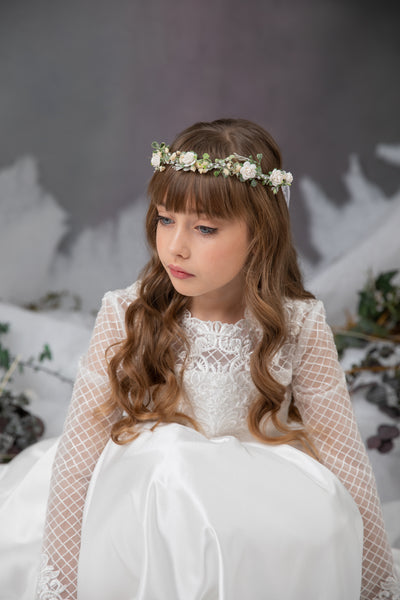 White communion hair wreath with roses