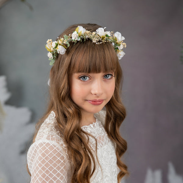 Holy communion crown with white roses and pearls