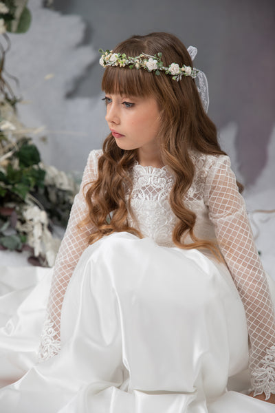 White communion hair wreath with roses