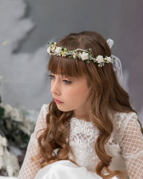 White communion hair wreath with roses