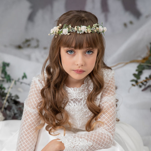 White communion hair wreath with roses