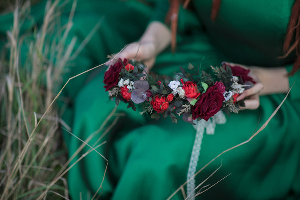 Red boho wedding hair crown