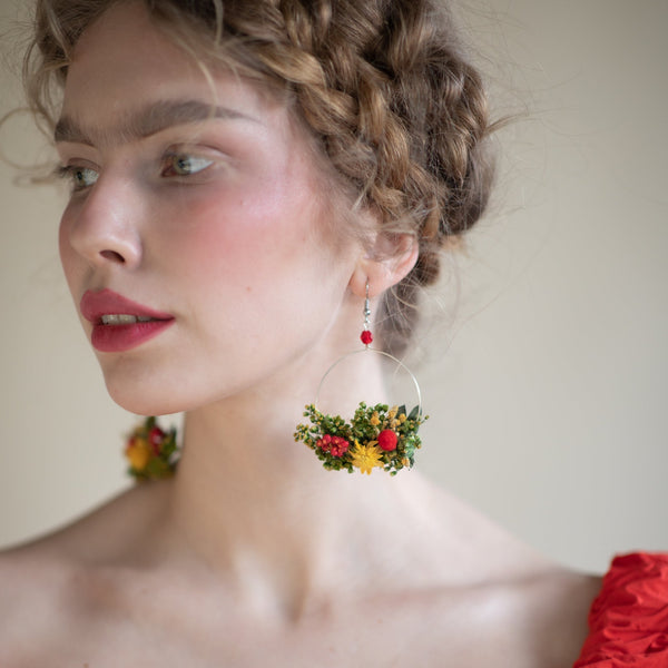 Summer yellow and red flower earrings