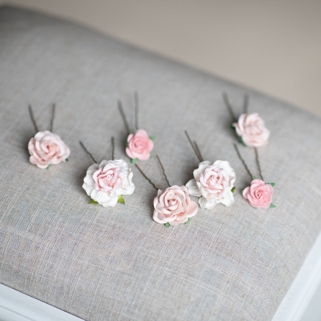 Pastel blush flower hairpins