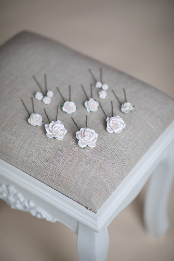 White rose hairpins Bridal hair pins Wedding accessories White
