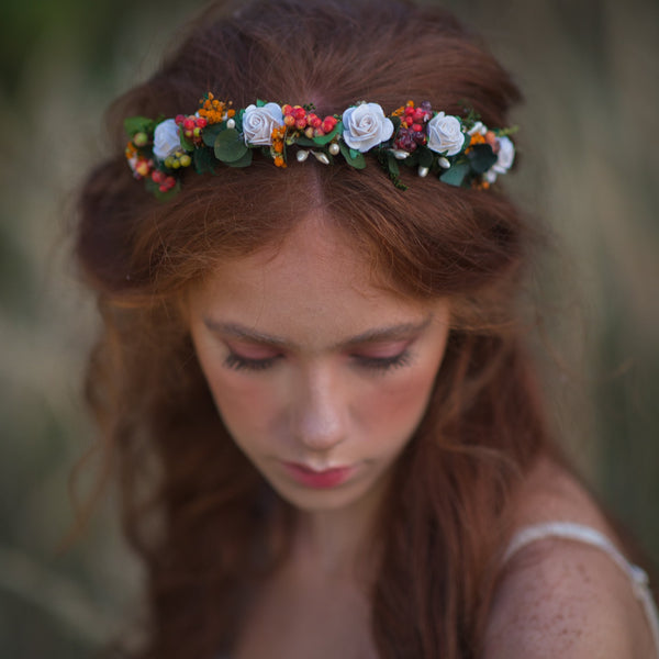 Autumn bridal headband with white roses
