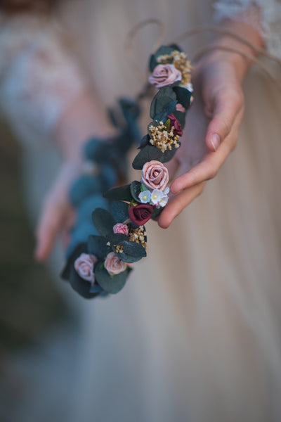 Eucalyptus and roses flower crown Bridal flower wreath Romantic wedding headpiece Burgundy and Pink hair crown Magaela Flower hair jewellery