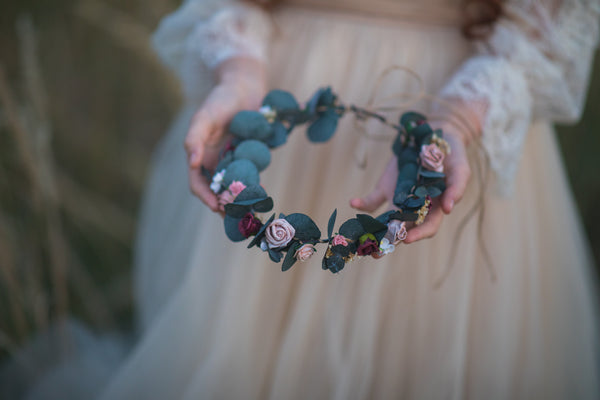 Eucalyptus and roses flower crown Bridal flower wreath Romantic wedding headpiece Burgundy and Pink hair crown Magaela Flower hair jewellery