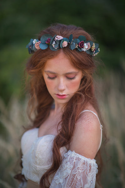 Eucalyptus and roses flower crown Bridal flower wreath Romantic wedding headpiece Burgundy and Pink hair crown Magaela Flower hair jewellery