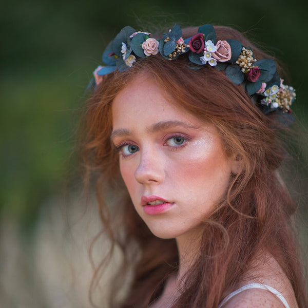 Eucalyptus and roses flower crown Bridal flower wreath Romantic wedding headpiece Burgundy and Pink hair crown Magaela Flower hair jewellery