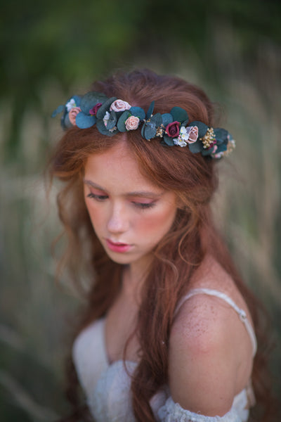 Eucalyptus and roses flower crown Bridal flower wreath Romantic wedding headpiece Burgundy and Pink hair crown Magaela Flower hair jewellery