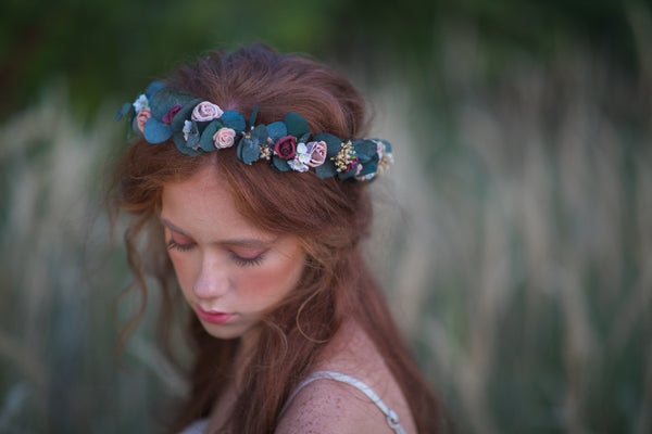 Eucalyptus and roses flower crown Bridal flower wreath Romantic wedding headpiece Burgundy and Pink hair crown Magaela Flower hair jewellery