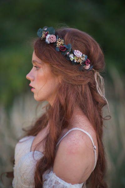 Eucalyptus and roses flower crown Bridal flower wreath Romantic wedding headpiece Burgundy and Pink hair crown Magaela Flower hair jewellery