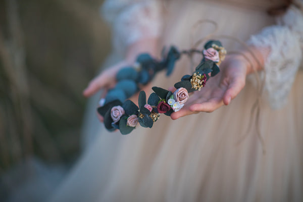 Eucalyptus and roses flower crown Bridal flower wreath Romantic wedding headpiece Burgundy and Pink hair crown Magaela Flower hair jewellery