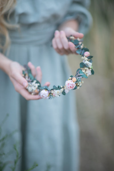 Natural eucalyptus half wreath with peonies Bridal accessories Magaela Wedding accessories Pastel wedding crown Romantic half wreath Custom