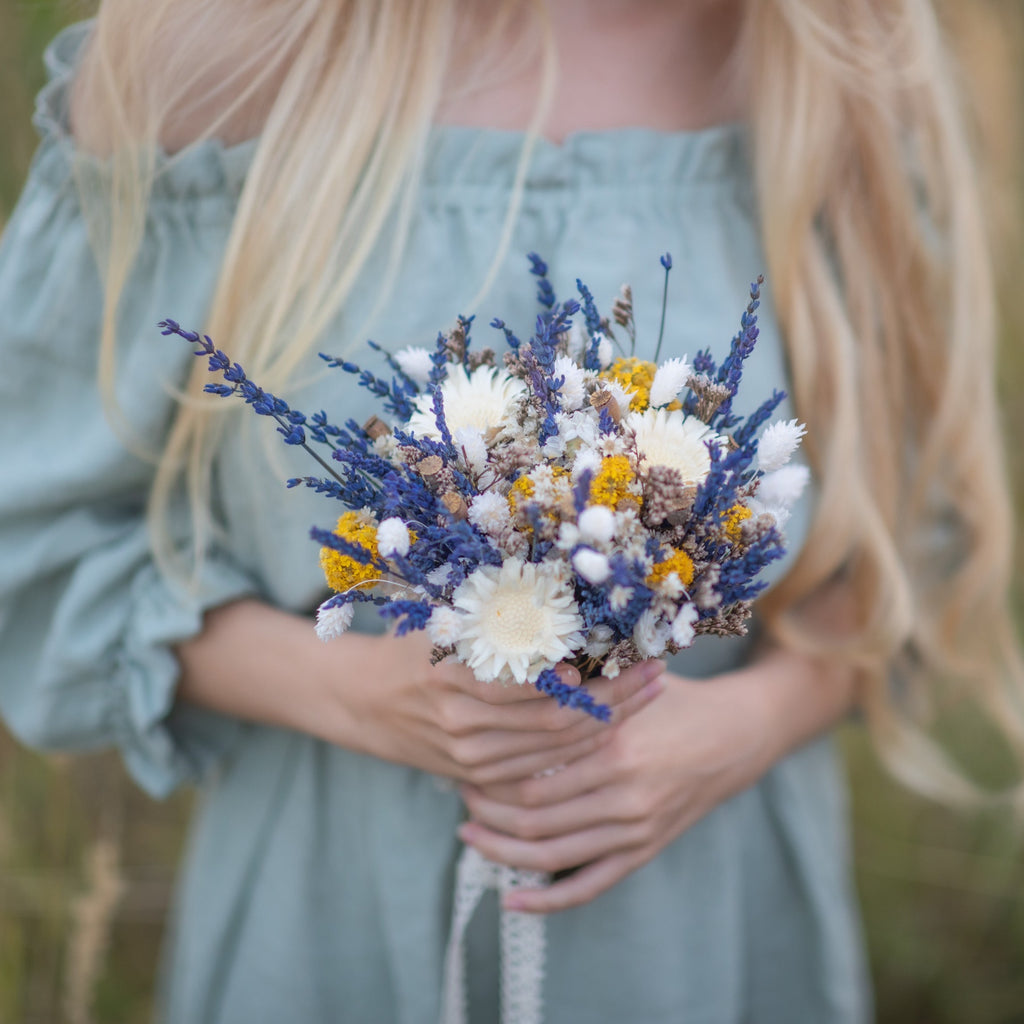 Natural lavender bridal bouquet Navy ivory ochre flower bouquet Wedding accessories Small bridal bouquet Preserved dried flowers Provence