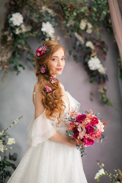 Pink flower hair comb and hairpins