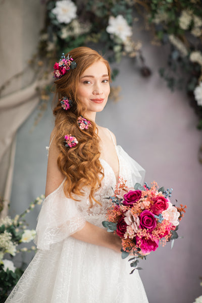 Pink flower hair comb and hairpins