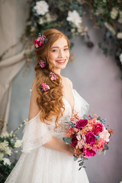 Pink flower hair comb and hairpins
