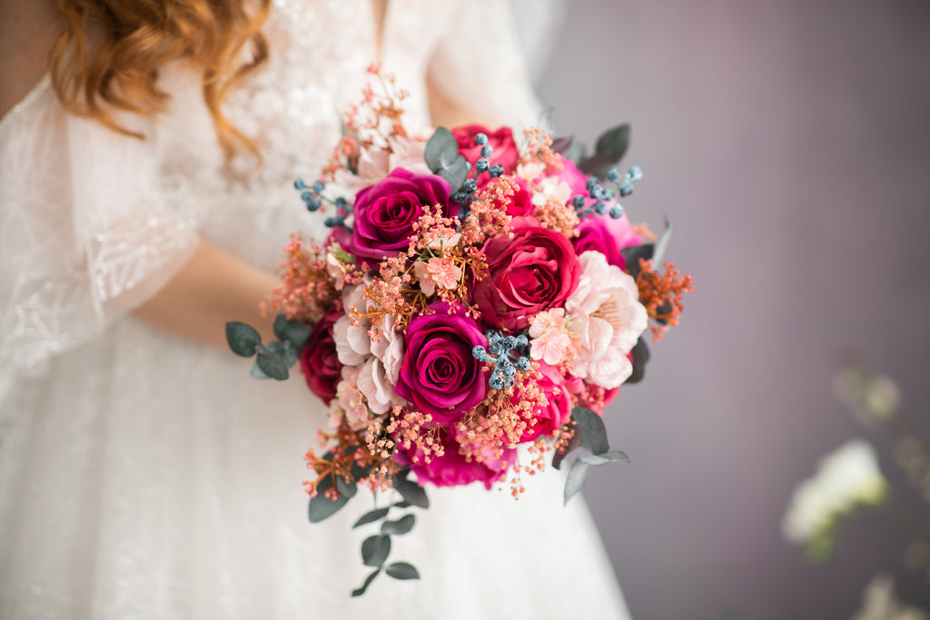 Magenta flower bridal bouquet Wedding fuchsia bouquet Romantic Hot pink  roses wedding accessories with blueberries Custom bouquet Magaela – magaela