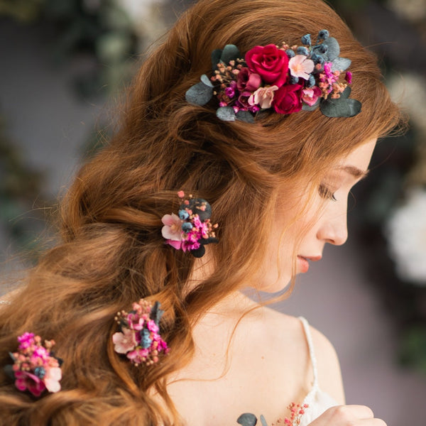 Pink flower hair comb and hairpins