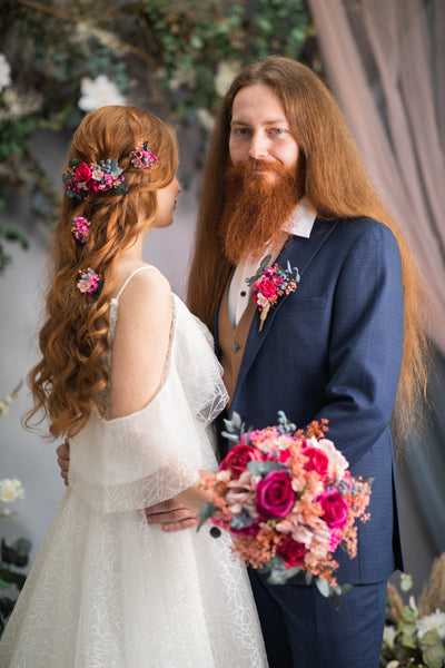 Pink flower hair comb and hairpins