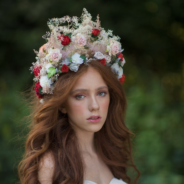 Big boho flower wreath Wedding headband with roses Bridal headpiece Magaela accessories Hair jewellery Bride to be Photoshoot headband