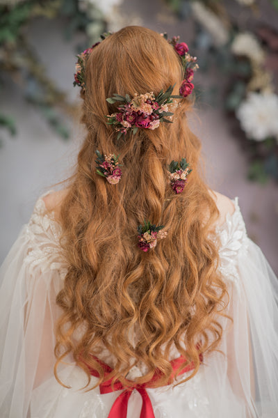 Burgundy flower hair comb and 3 hairpins
